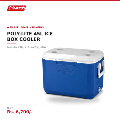 Coleman Poly-Lite 45L Ice Box Cooler | PU Full Foam Insulation | Keeps Ice 2 Days | Drain Plug | Lightweight | For Family Day Trips & Camping | Blue