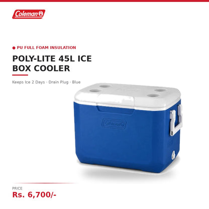 Coleman Poly-Lite 45L Ice Box Cooler | PU Full Foam Insulation | Keeps Ice 2 Days | Drain Plug | Lightweight | For Family Day Trips & Camping | Blue