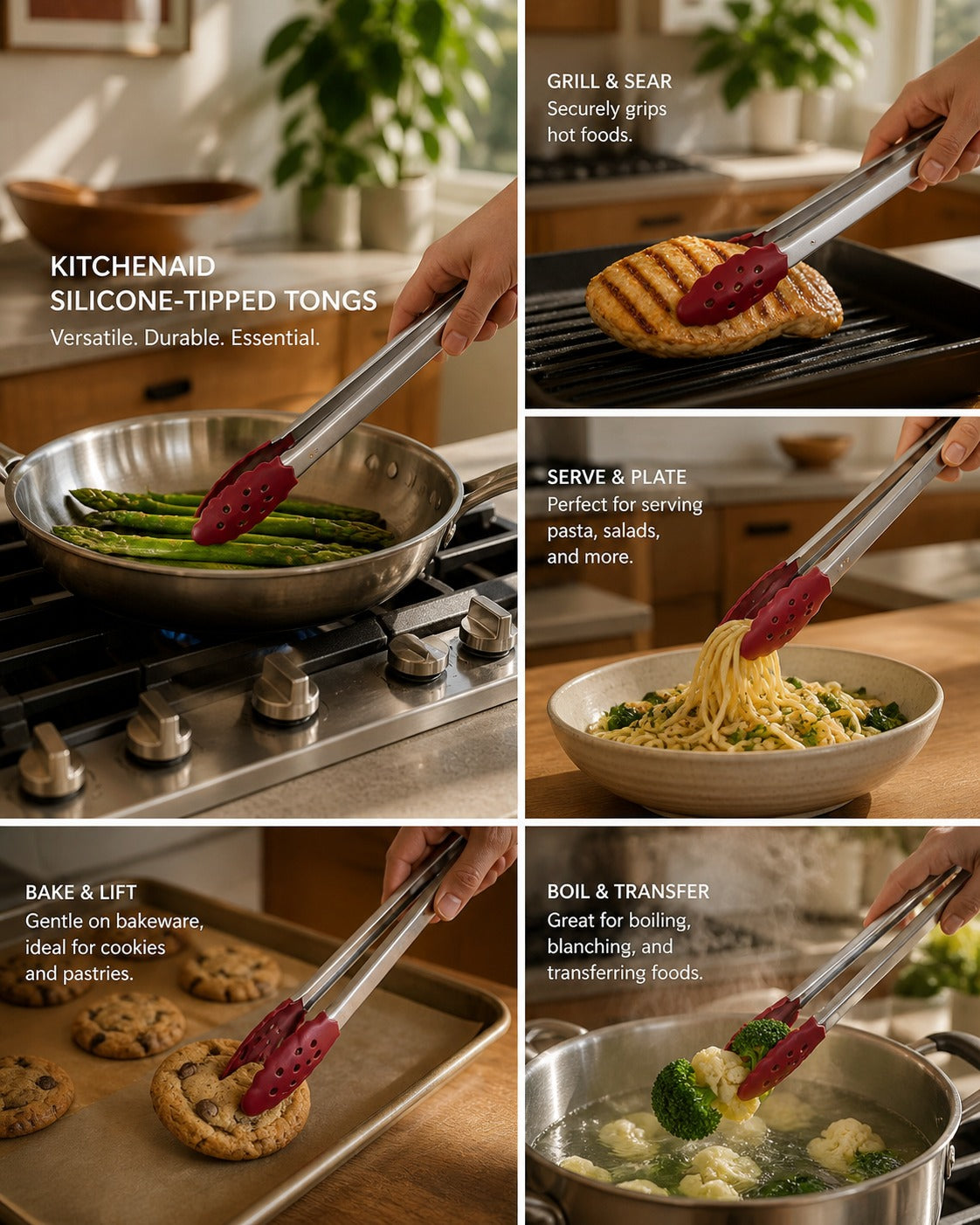 KitchenAid Gourmet Food Tongs | Silicone Head | Heat-Resistant | Locking Mechanism | Non-Stick Safe | Dishwasher-Safe | Empire Red