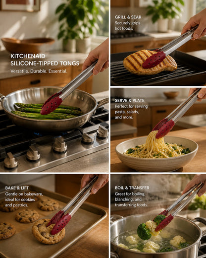 KitchenAid Gourmet Food Tongs | Silicone Head | Heat-Resistant | Locking Mechanism | Non-Stick Safe | Dishwasher-Safe | Empire Red