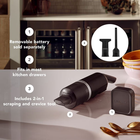 KitchenAid Go® Cordless Handheld Kitchen Vacuum | Black Matte Finish | Powerful Rechargeable Crumb Sweeper & Dust Buster