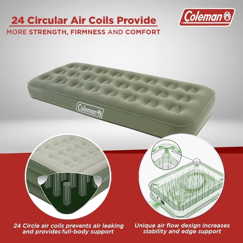 Coleman Maxi Comfort Inflatable Camping Mattress | Single | Compact & Lightweight | Flocked Top | For Backpacking, Hiking & Camping | Green