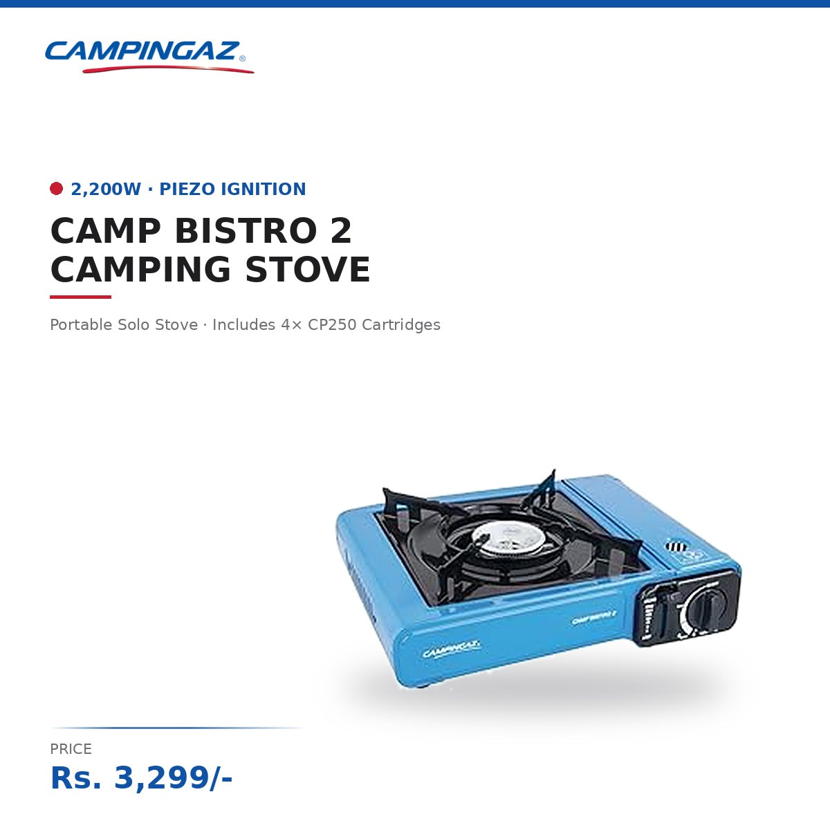 Campingaz Camp Bistro 2 Camping Stove | 2,200W | Piezo Ignition | Screws Onto Cartridge | Includes 4x CP250 Gas Cartridges | Portable Solo Stove | Black