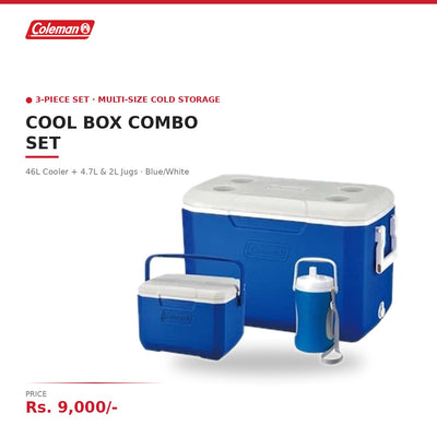Coleman Cool Box Combo Set | 46L Cooler + 4.7L & 2L Insulated Jugs | 3-Piece Set | Multi-Size Cold Storage | For Camping, Picnics & Travel | Blue/White