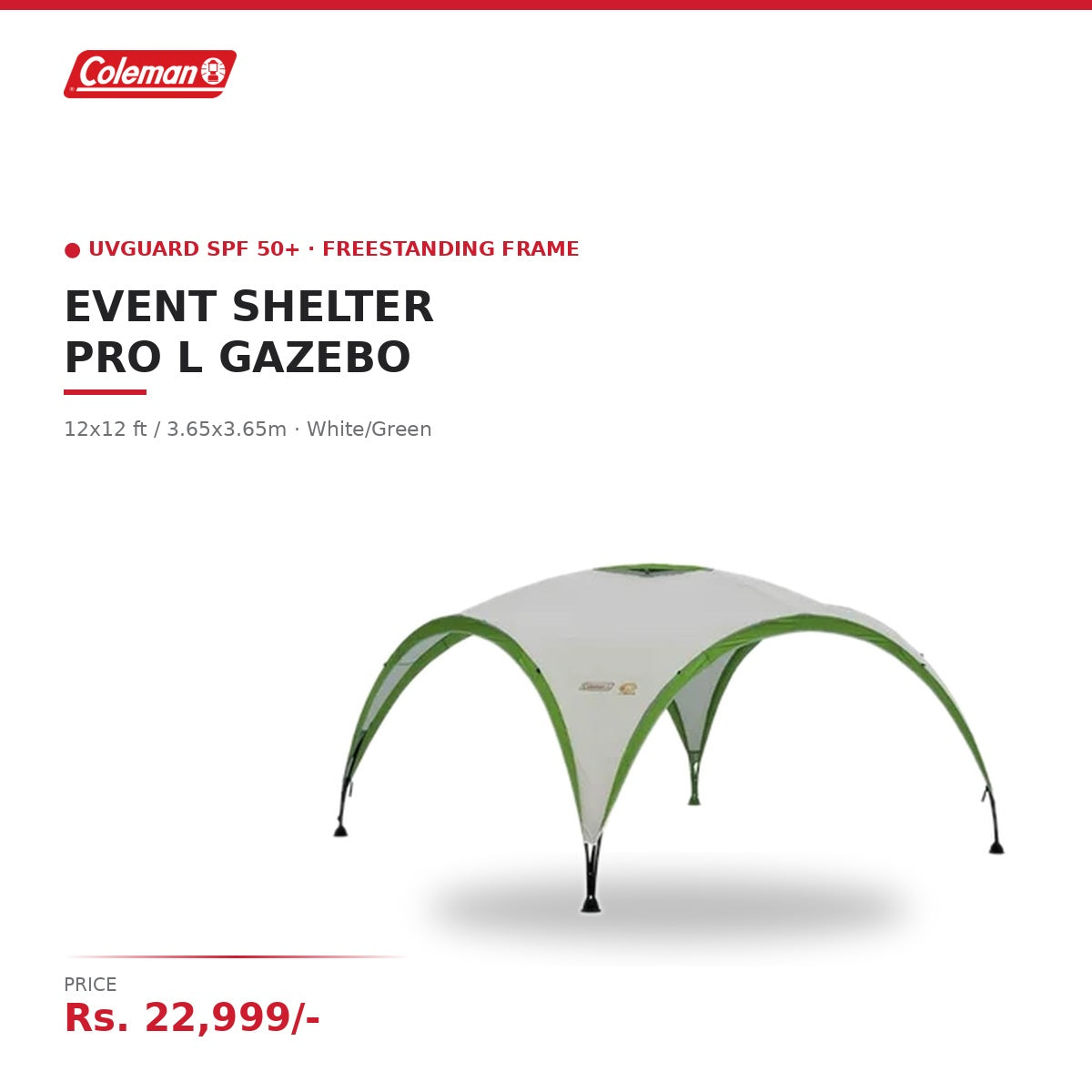 Coleman Event Shelter Pro L Gazebo | 12x12 ft / 3.65x3.65m | UVGuard SPF 50+ | Water-Resistant Canopy | Freestanding Steel Frame | White/Green