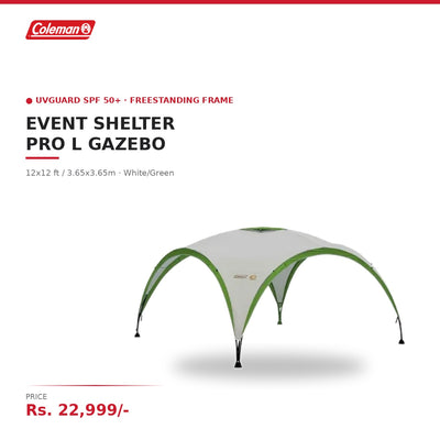 Coleman Event Shelter Pro L Gazebo | 12x12 ft / 3.65x3.65m | UVGuard SPF 50+ | Water-Resistant Canopy | Freestanding Steel Frame | White/Green