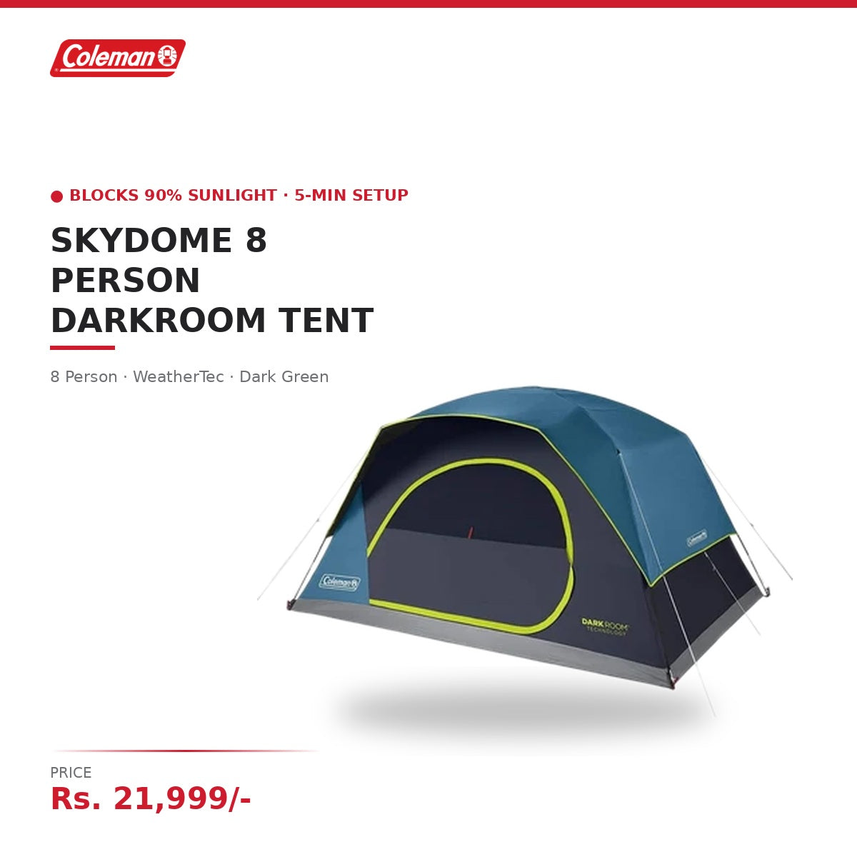 Coleman SkyDome 8 Person Camping Tent | Dark Room Technology | Blocks 90% Sunlight | Pre-Attached Poles | 5-Min Setup | WeatherTec | Dark Green