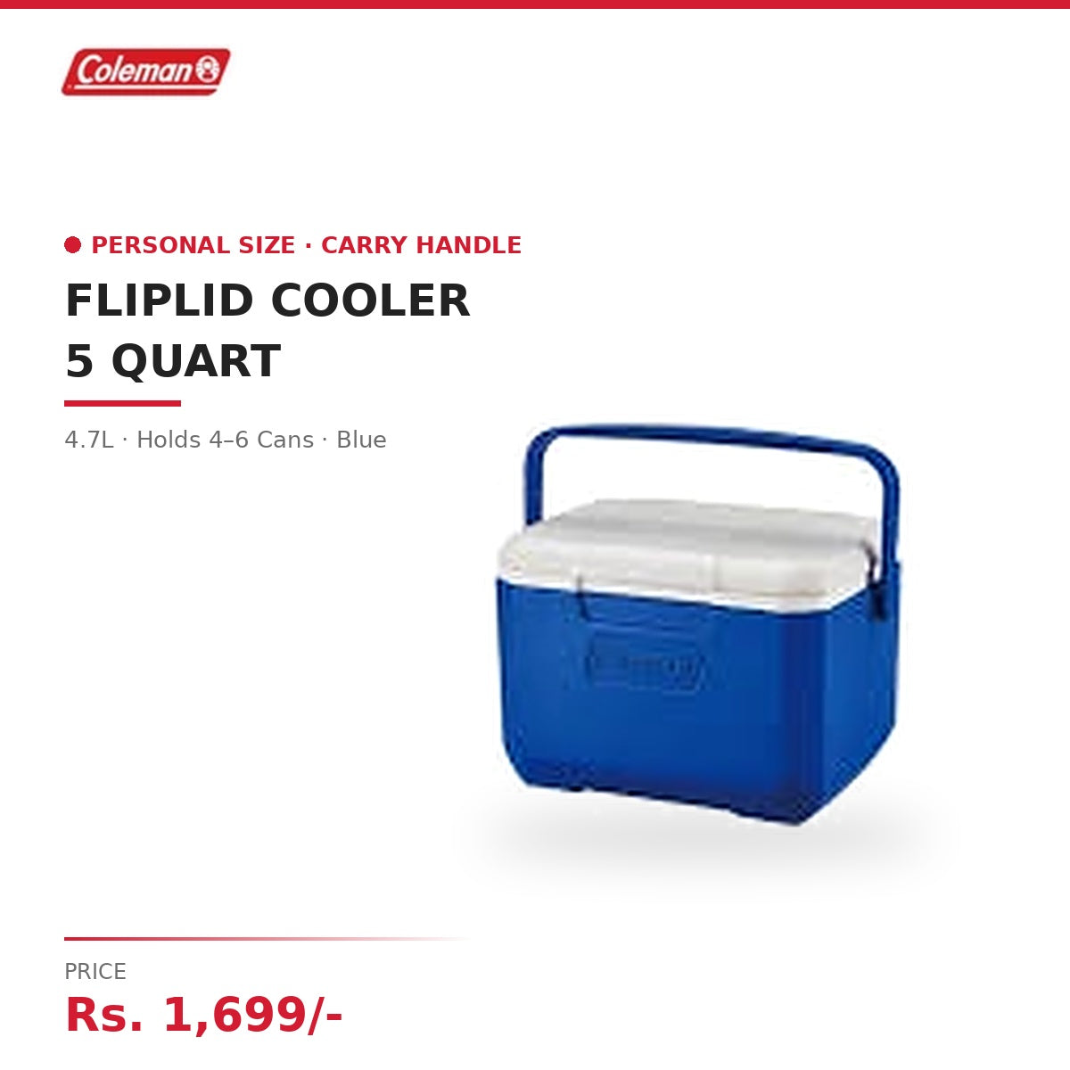 Coleman 5QT Personal Cooler | 4.7L Compact Hard Ice Box | Holds 4-6 Cans | Carry Handle | Drain Plug | For Personal Use, Travel & Picnics | Blue
