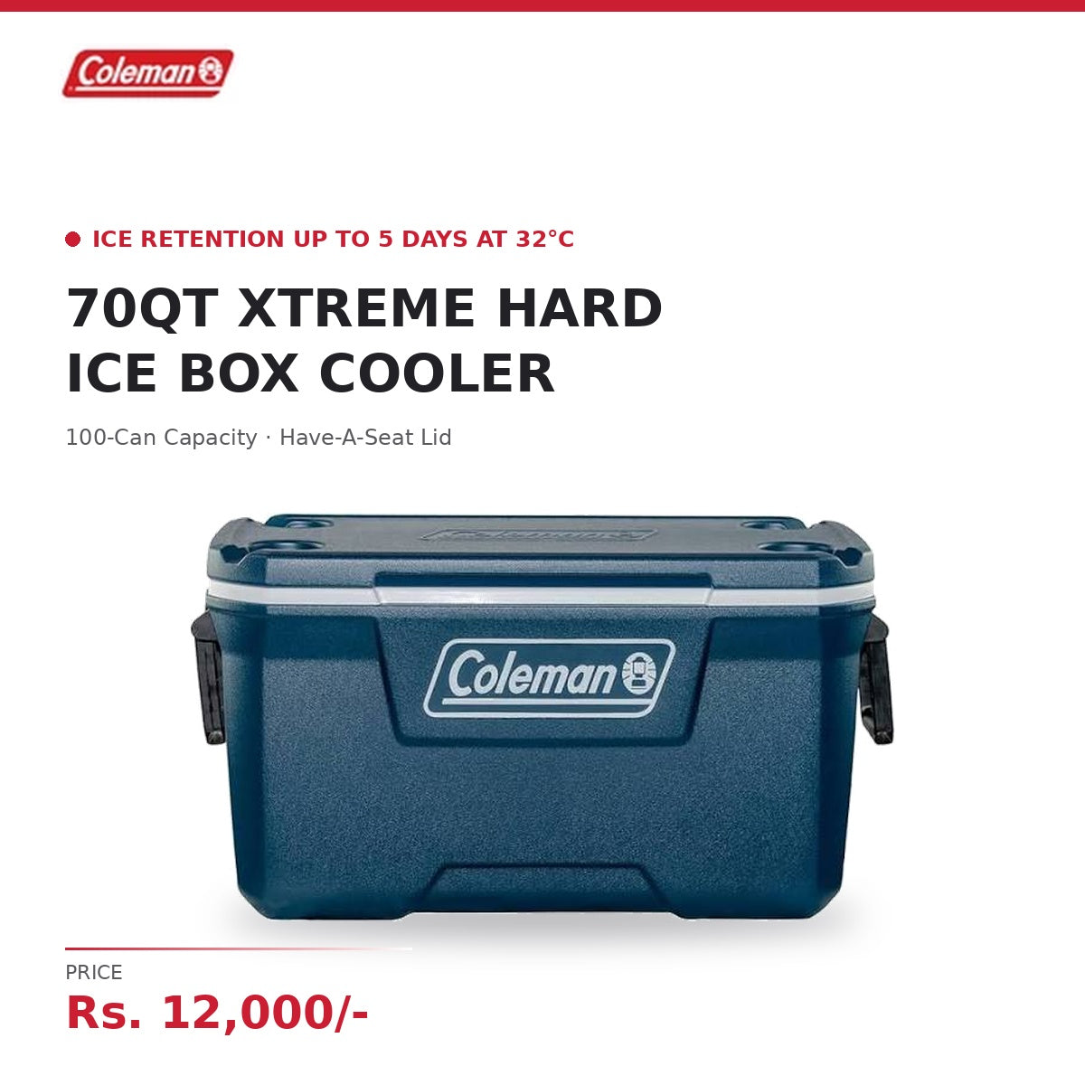 Coleman 70QT Xtreme Hard Cooler – 66L Ice Box, 100 Cans, Up to 5 Days Ice