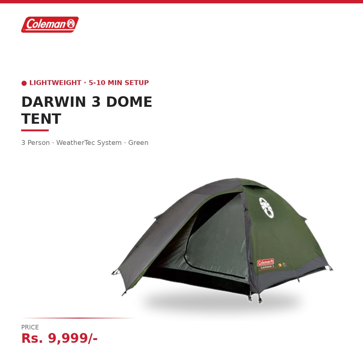 Coleman Darwin 3 Dome Tent | 3 Person | WeatherTec System | Full Waterproof Fly | Fibreglass Poles | 5-10 Min Setup | Compact & Lightweight | Green