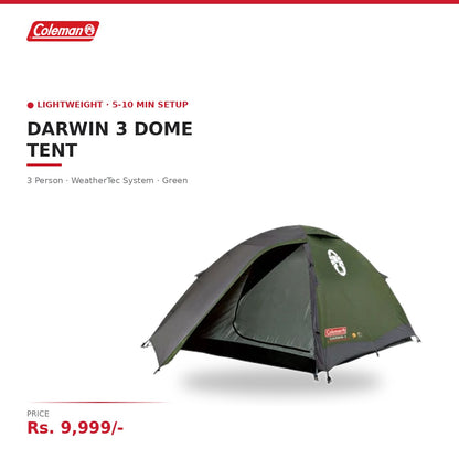 Coleman Darwin 3 Dome Tent | 3 Person | WeatherTec System | Full Waterproof Fly | Fibreglass Poles | 5-10 Min Setup | Compact & Lightweight | Green
