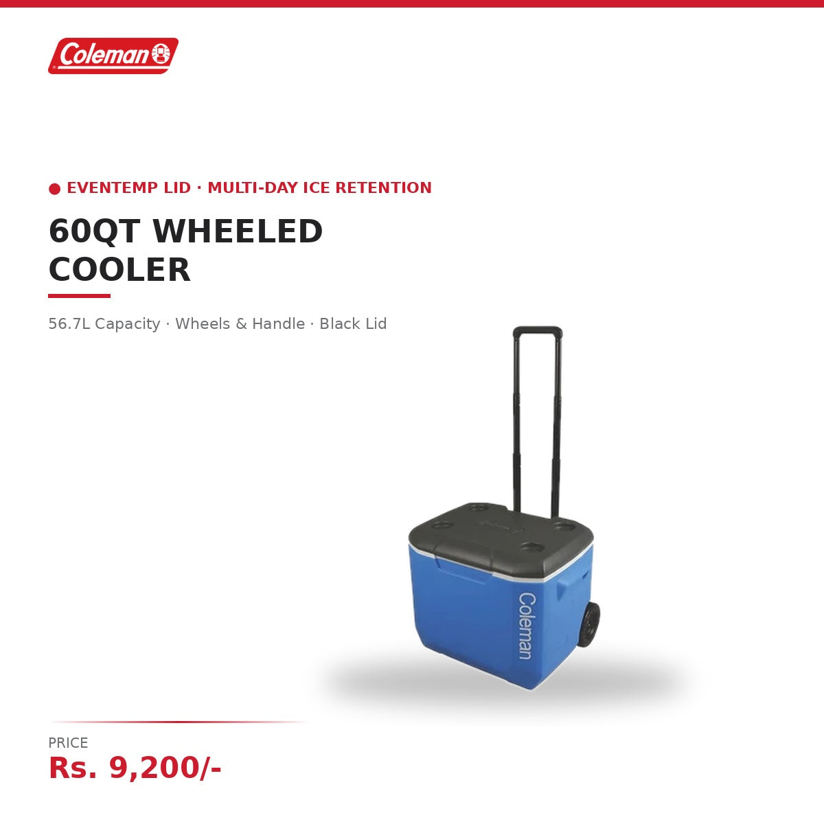 Coleman 60QT Wheeled Cooler | 56.7L Capacity | EvenTemp Lid | Wheels & Handle | Multi-Day Ice Retention | Drain Plug | For Camping & Outdoor Parties | Black Lid