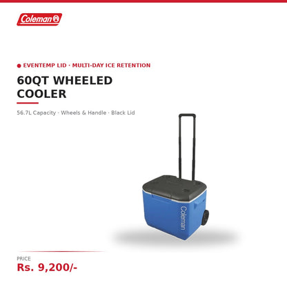Coleman 60QT Wheeled Cooler | 56.7L Capacity | EvenTemp Lid | Wheels & Handle | Multi-Day Ice Retention | Drain Plug | For Camping & Outdoor Parties | Black Lid