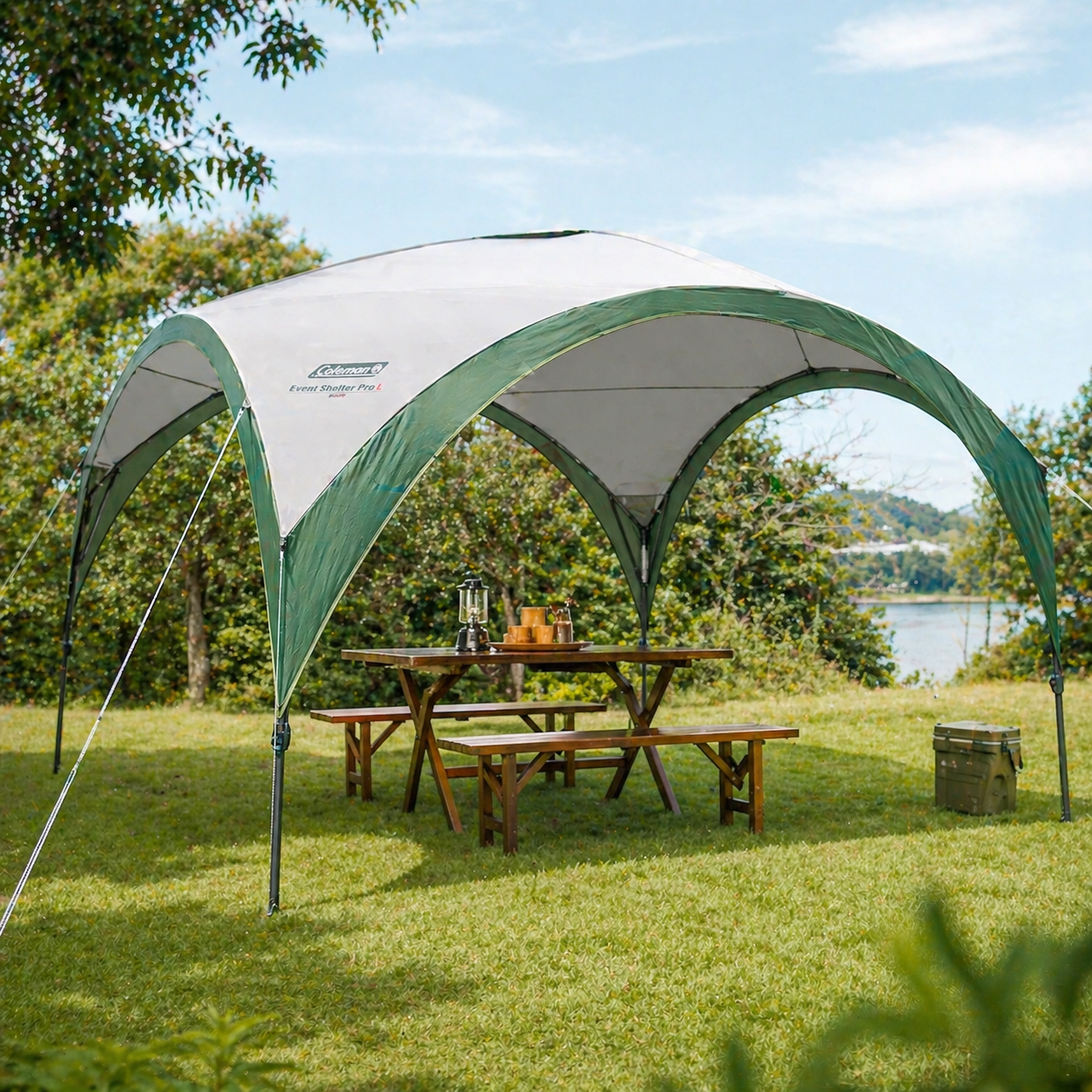 Coleman Event Shelter Pro L Gazebo | 12x12 ft / 3.65x3.65m | UVGuard SPF 50+ | Water-Resistant Canopy | Freestanding Steel Frame | White/Green