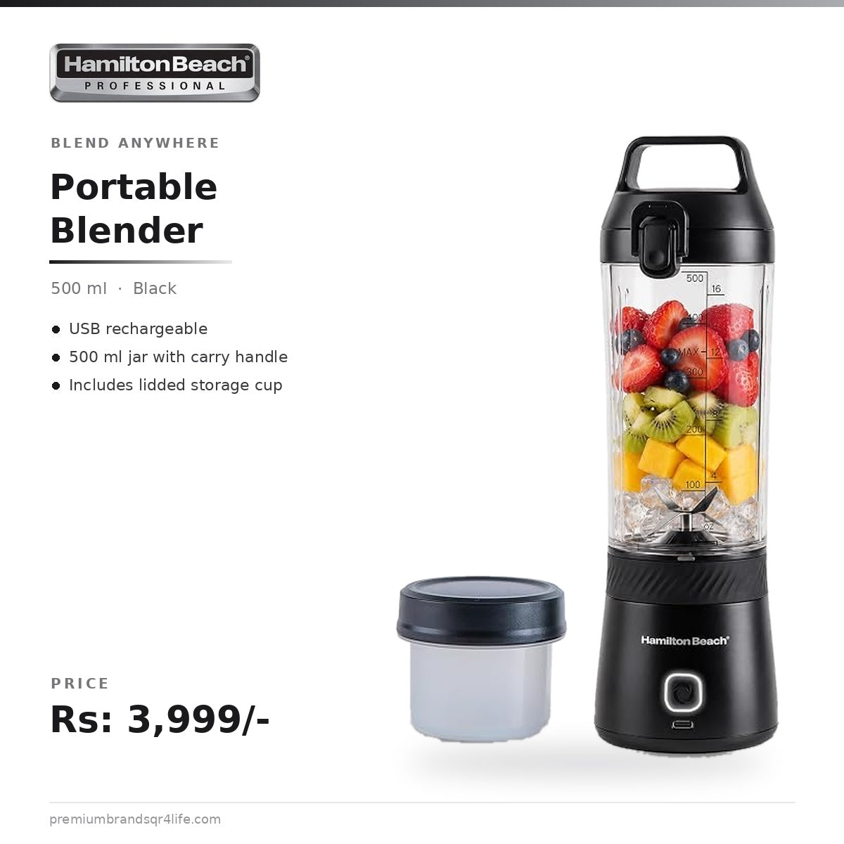 Hamilton Beach Portable Blender, 500ml BPA Free Jar, Blender for Smoothies (Black)
