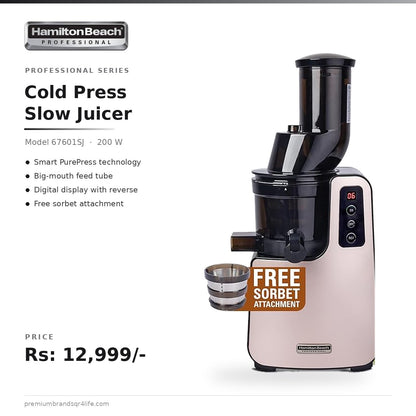 Hamilton Beach Professional Cold Press Slow Juicer with FREE Sorbet Attachment, Smart PurePress Technology, Slow Juicer for Fruits & Vegetables