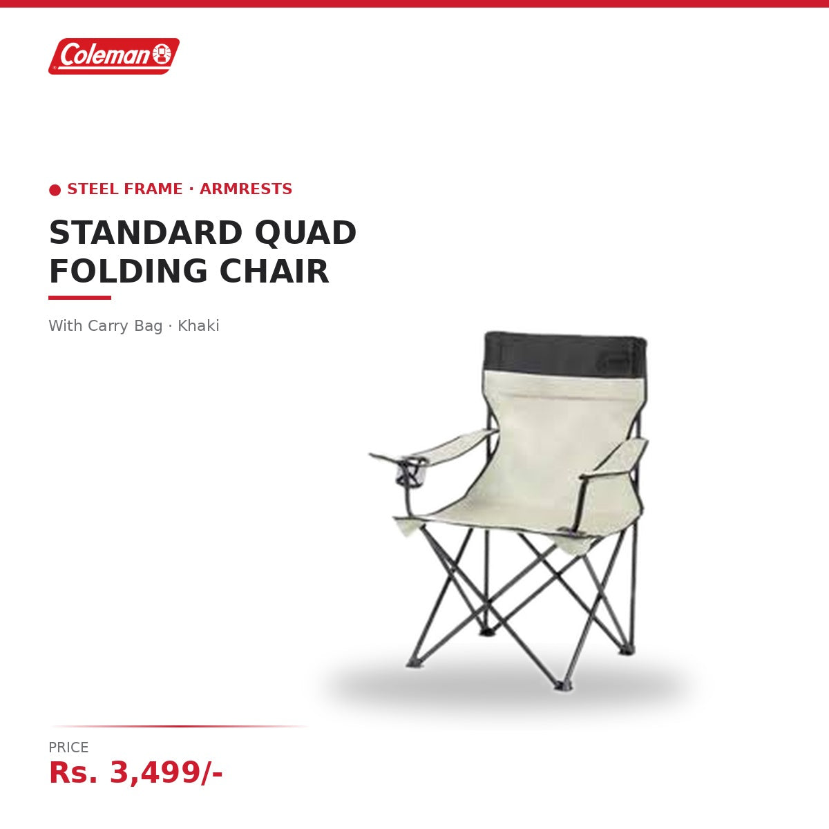 Coleman Standard Quad Folding Camping Chair | Steel Frame | Armrests | With Carry Bag | For Camping, Picnics & Outdoor Use | Khaki