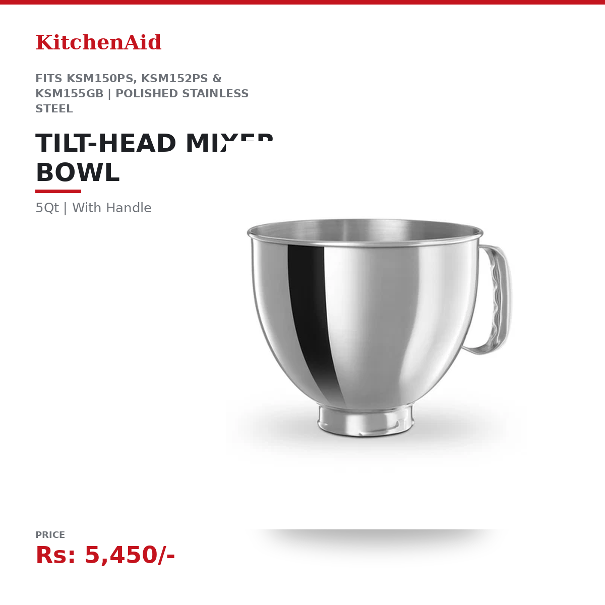 KitchenAid 5Qt Tilt-Head Stand Mixer Bowl with Handle | Fits KSM150PS, KSM152PS & KSM155GB | Polished Stainless Steel | Dishwasher-Safe
