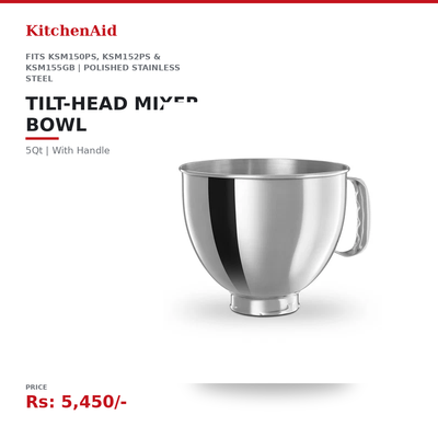 KitchenAid 5Qt Tilt-Head Stand Mixer Bowl with Handle | Fits KSM150PS, KSM152PS & KSM155GB | Polished Stainless Steel | Dishwasher-Safe