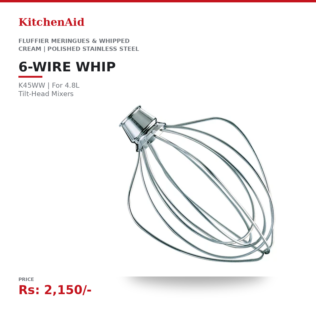 KitchenAid 6-Wire Whip Attachment | For 4.8L Tilt-Head Stand Mixers | Fluffier Meringues & Whipped Cream | Polished Stainless Steel | Dishwasher-Safe