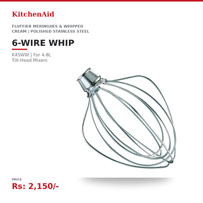 KitchenAid 6-Wire Whip Attachment | For 4.8L Tilt-Head Stand Mixers | Fluffier Meringues & Whipped Cream | Polished Stainless Steel | Dishwasher-Safe