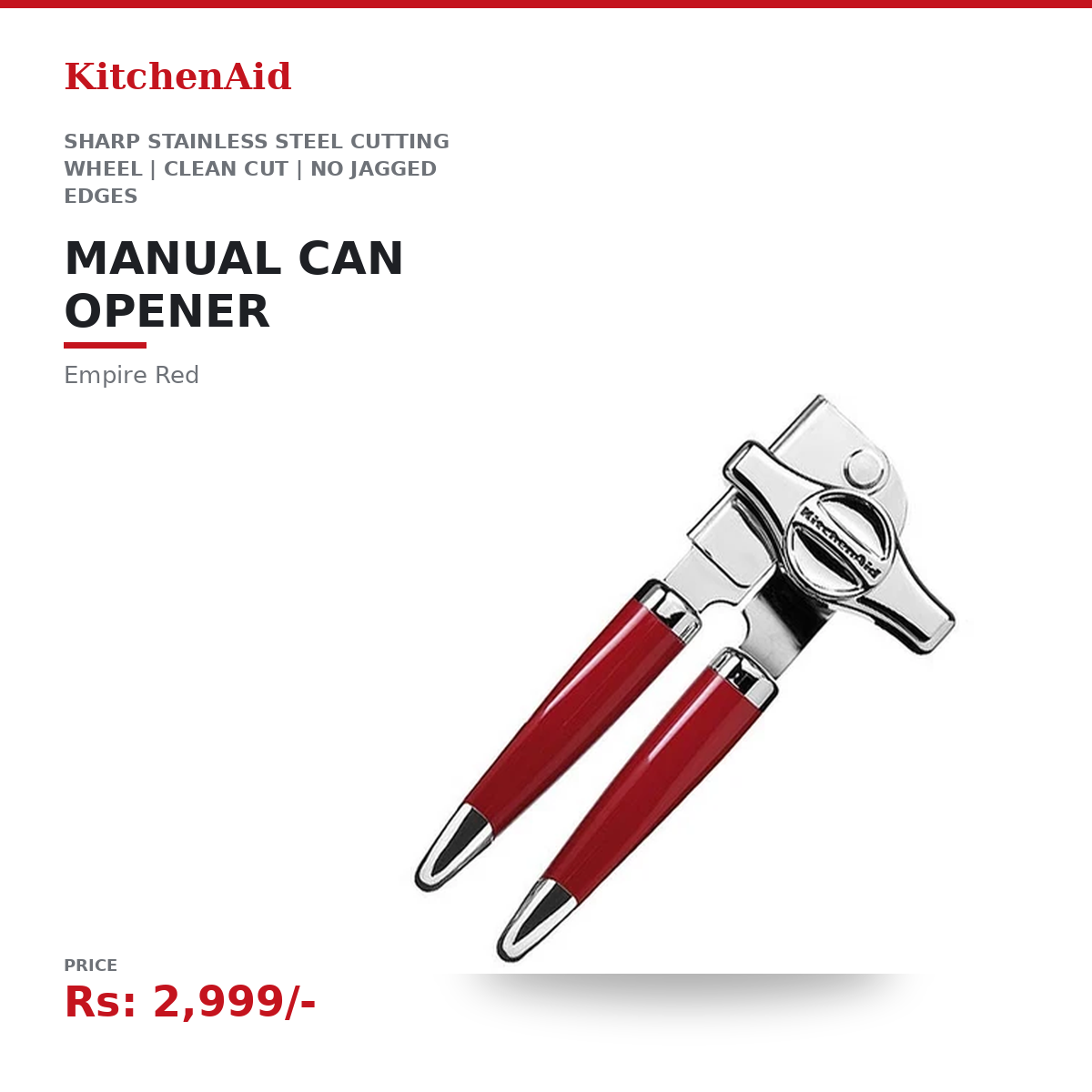 KitchenAid Manual Can Opener | Sharp Stainless Steel Cutting Wheel | Clean Cut | No Jagged Edges | Dishwasher-Safe | Empire Red