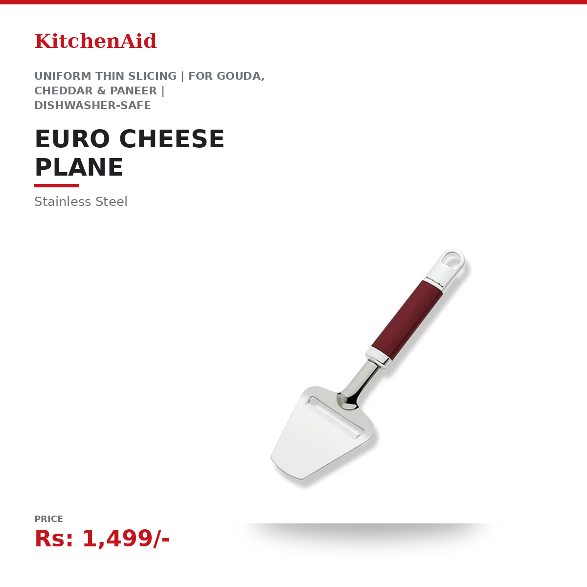 KitchenAid Euro Cheese Plane | Stainless Steel | Uniform Thin Slicing | For Gouda, Cheddar & Paneer | Dishwasher-Safe | Empire Red