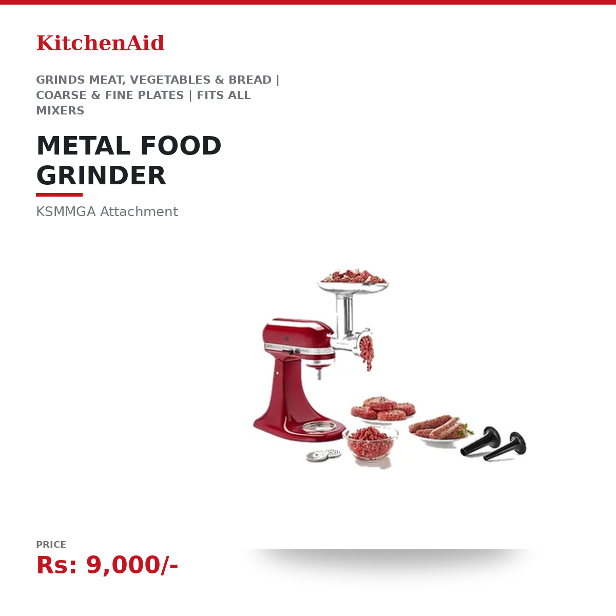 KitchenAid KSMMGA Metal Food Grinder Attachment | Grinds Meat, Vegetables & Bread | Coarse & Fine Plates | Fits All KitchenAid Stand Mixers