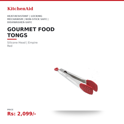 KitchenAid Gourmet Food Tongs | Silicone Head | Heat-Resistant | Locking Mechanism | Non-Stick Safe | Dishwasher-Safe | Empire Red