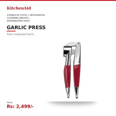 KitchenAid Garlic Press | Press Unpeeled Garlic | Stainless Steel | Integrated Cleaning Brush | Dishwasher-Safe | Daily Kitchen Use