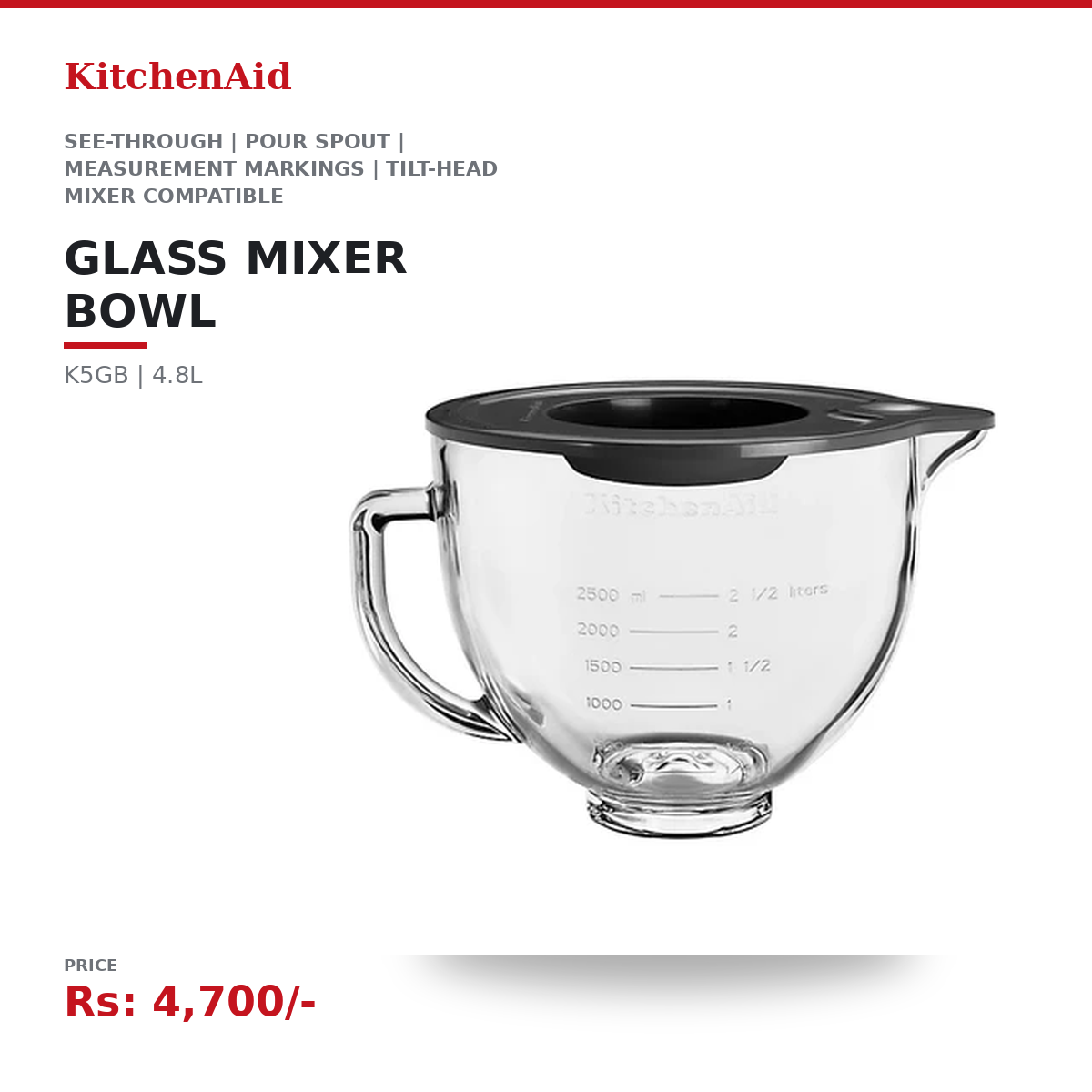 KitchenAid K5GB 4.8L Glass Mixer Bowl | See-Through | Pour Spout | Measurement Markings | Microwave & Freezer Safe | Tilt-Head Mixer Compatible
