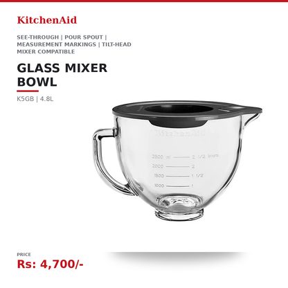 KitchenAid K5GB 4.8L Glass Mixer Bowl | See-Through | Pour Spout | Measurement Markings | Microwave & Freezer Safe | Tilt-Head Mixer Compatible