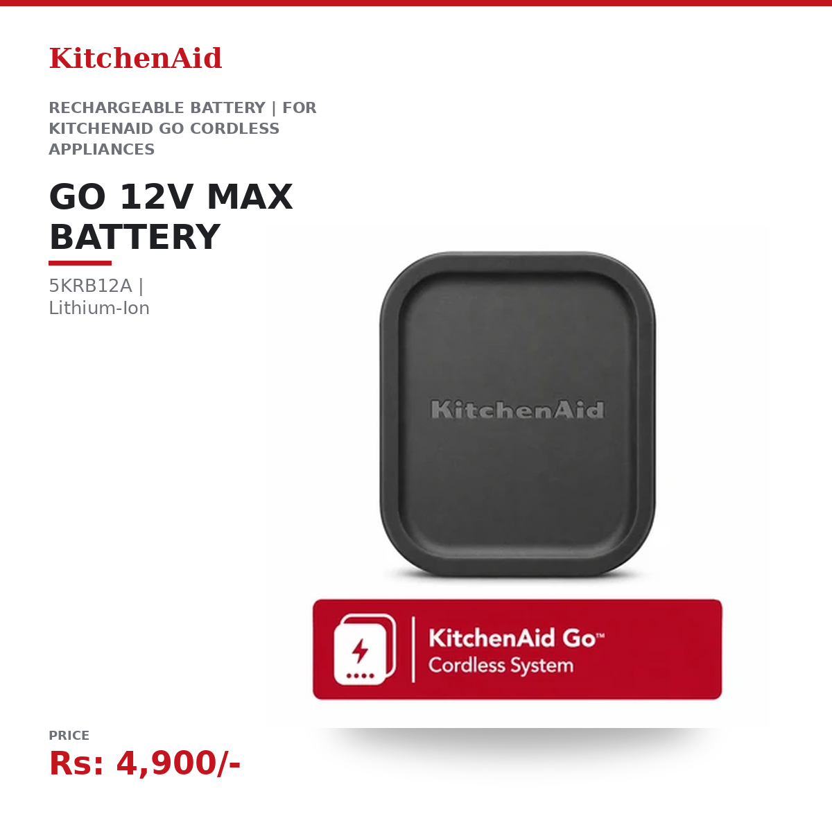 KitchenAid Go 12V MAX Lithium-Ion Rechargeable Battery (5KRB12A) | Replacement Battery for KitchenAid Go Cordless Hand Blender, Personal Blender, Hand Mixer, Food Chopper & Citrus Juicer