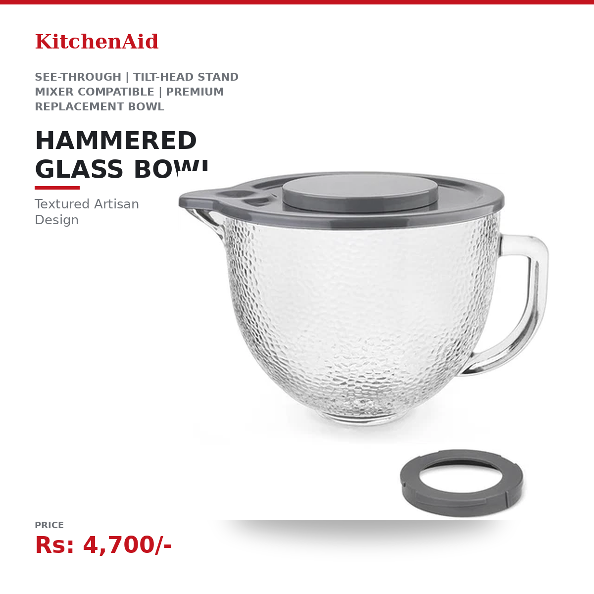 KitchenAid Hammered Glass Mixing Bowl | Textured Artisan Design | See-Through | Tilt-Head Stand Mixer Compatible | Premium Replacement Bowl