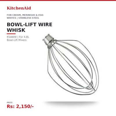 KitchenAid K5AWW Bowl-Lift Wire Whisk Attachment | 4.8L Bowl-Lift Mixer Compatible | For Cream, Meringue & Egg Whites | Stainless Steel
