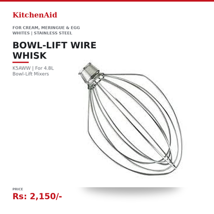 KitchenAid K5AWW Bowl-Lift Wire Whisk Attachment | 4.8L Bowl-Lift Mixer Compatible | For Cream, Meringue & Egg Whites | Stainless Steel