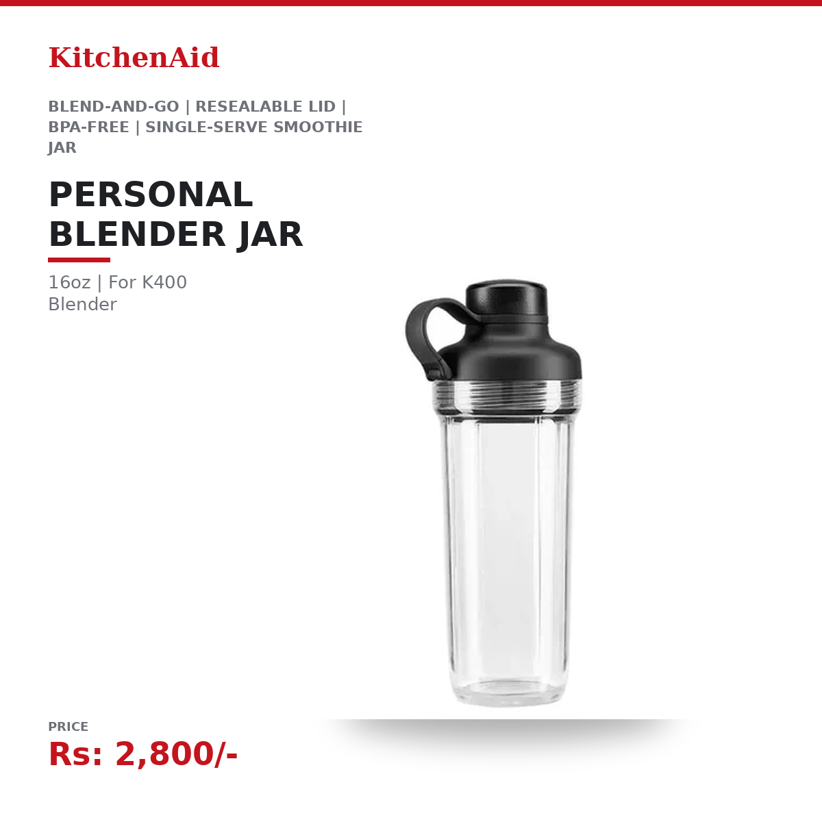 KitchenAid K400 Personal Blender Jar 16oz | Blend-and-Go | Resealable Lid | BPA-Free | For K400 Blender Only | Single-Serve Smoothie Jar