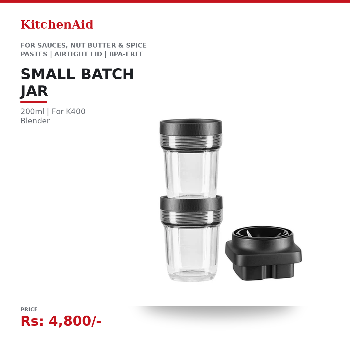 KitchenAid K400 Small Batch Jar 200ml | For Sauces, Nut Butter & Spice Pastes | Airtight Lid | BPA-Free | For K400 Blender Only