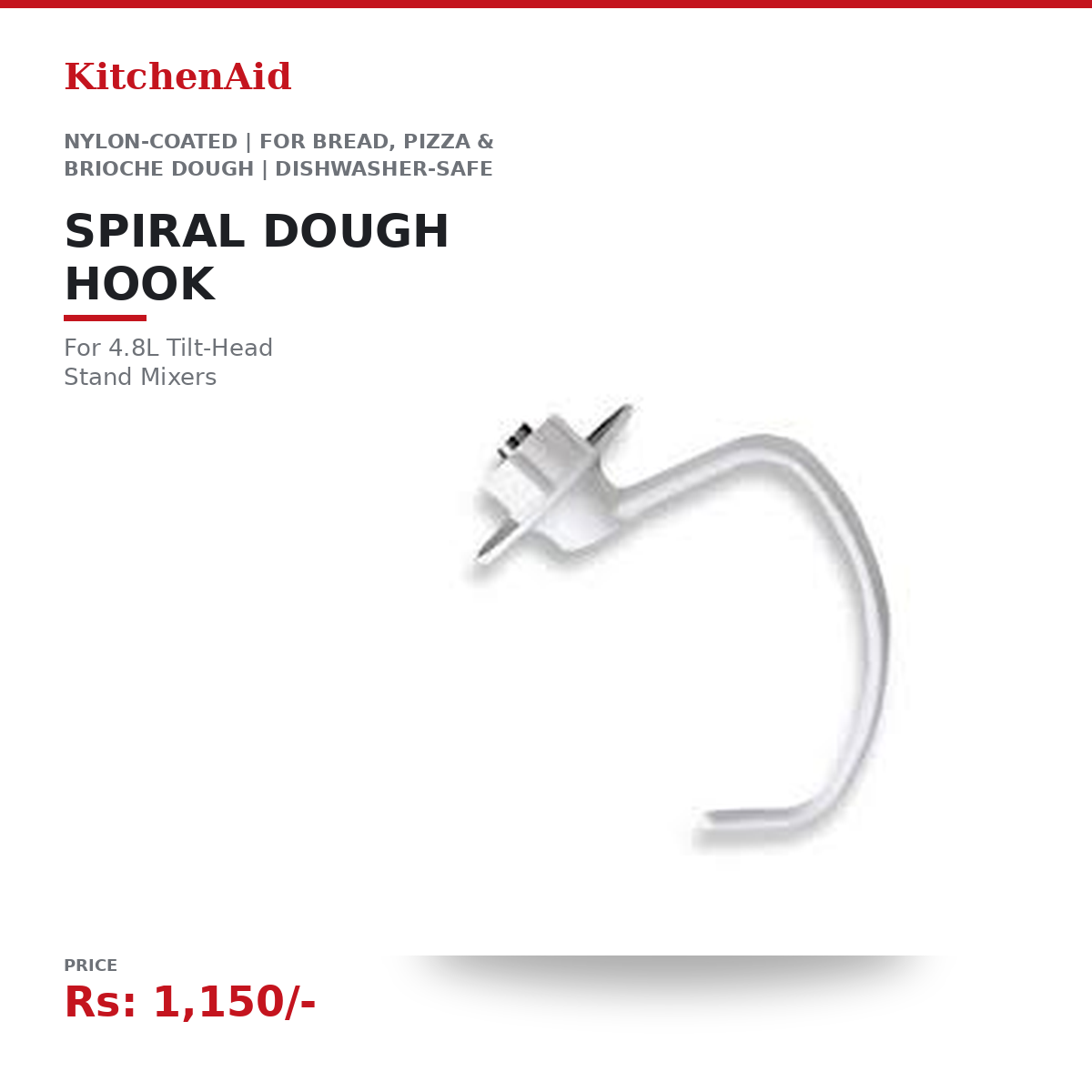 KitchenAid Spiral Dough Hook Attachment | For 4.8L Tilt-Head Stand Mixers | Nylon-Coated | For Bread, Pizza & Brioche Dough | Dishwasher-Safe