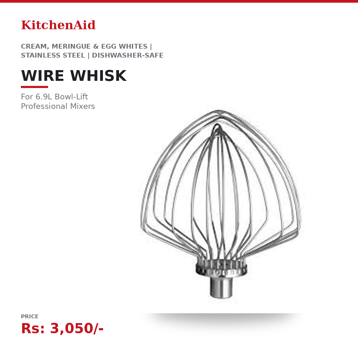 KitchenAid Wire Whisk Attachment | For 6.9L Bowl-Lift Professional Stand Mixers | Cream, Meringue & Egg Whites | Stainless Steel | Dishwasher-Safe