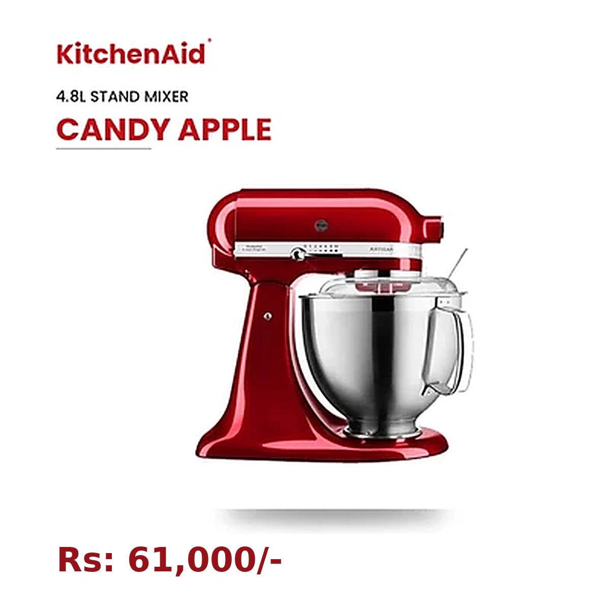 KitchenAid Artisan Tilt-Head Stand Mixer 4.8L 10-Speed Home Baking Machine with Flat Beater, Dough Hook & Wire Whisk - Candy Apple