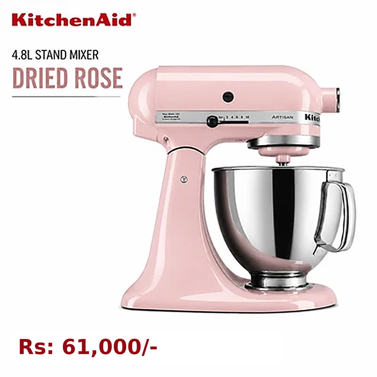 KitchenAid Artisan Tilt-Head Stand Mixer 4.8L 10-Speed Home Baking Machine with Flat Beater, Dough Hook & Wire Whisk - Dried Rose