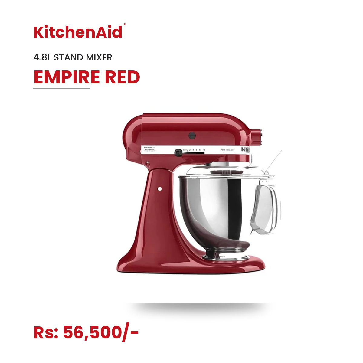 KitchenAid Artisan Tilt-Head Stand Mixer 4.8L 10-Speed Home Baking Machine with Flat Beater, Dough Hook & Wire Whisk - Empire Red