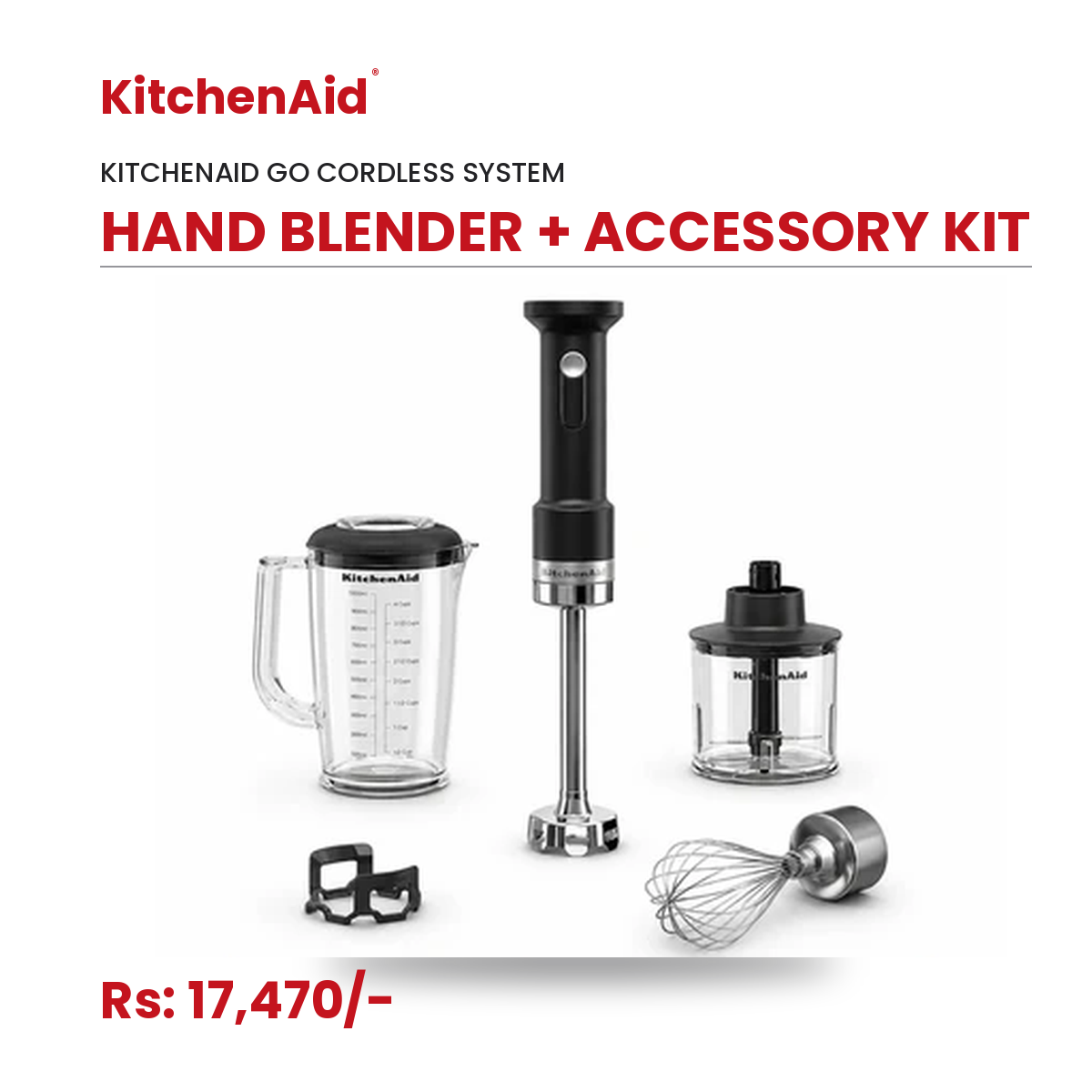 KitchenAid Go Cordless Hand Blender with Accessory Kit, Black Matte | Rechargeable Stick Blender with Chopper, Whisk & Blending Jar (Battery Sold Separately)