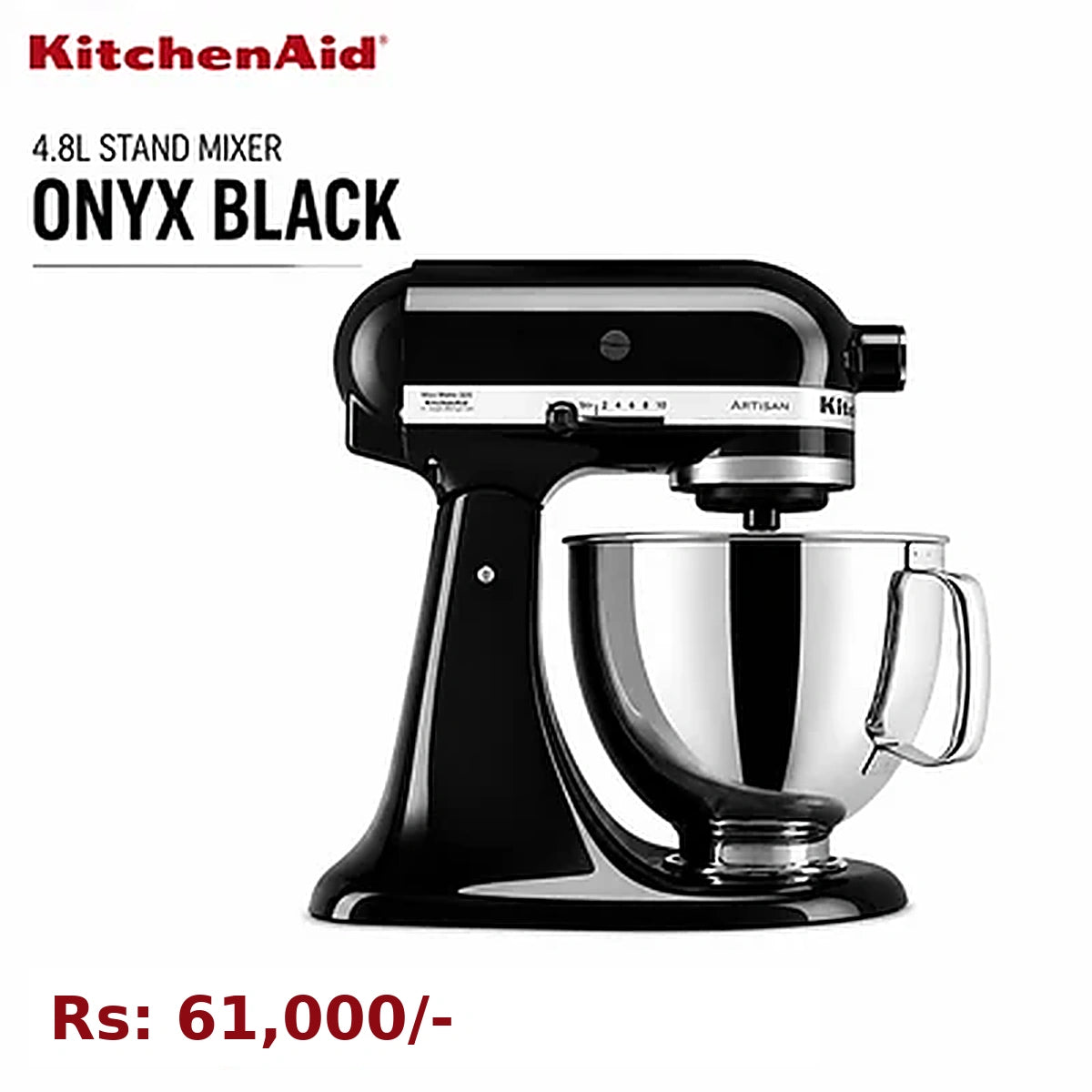 KitchenAid Artisan Tilt-Head Stand Mixer 4.8L 10-Speed Home Baking Machine with Flat Beater, Dough Hook & Wire Whisk - Onyx Black