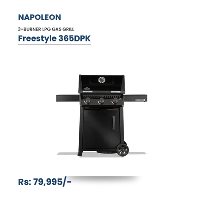 Napoleon Freestyle 365DPK Gas Grill | 3 Burners | 33,000 BTU | 495 sq in | JETFIRE Ignition | Cast Iron WAVE Grids | ACCUPROBE Gauge | LPG | Black