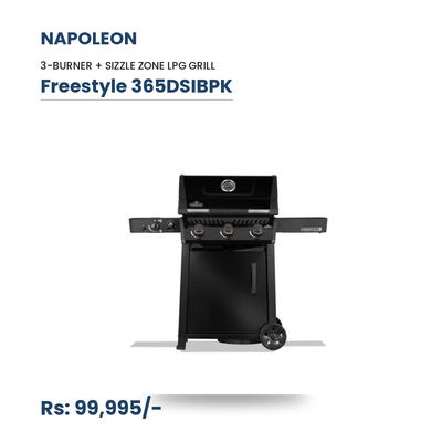 Napoleon Freestyle 365DSIBPK Gas Grill | 3 Burners + Infrared Sizzle Zone Side Burner | 33,000 BTU | 495 sq in | JETFIRE Ignition | LPG | Black