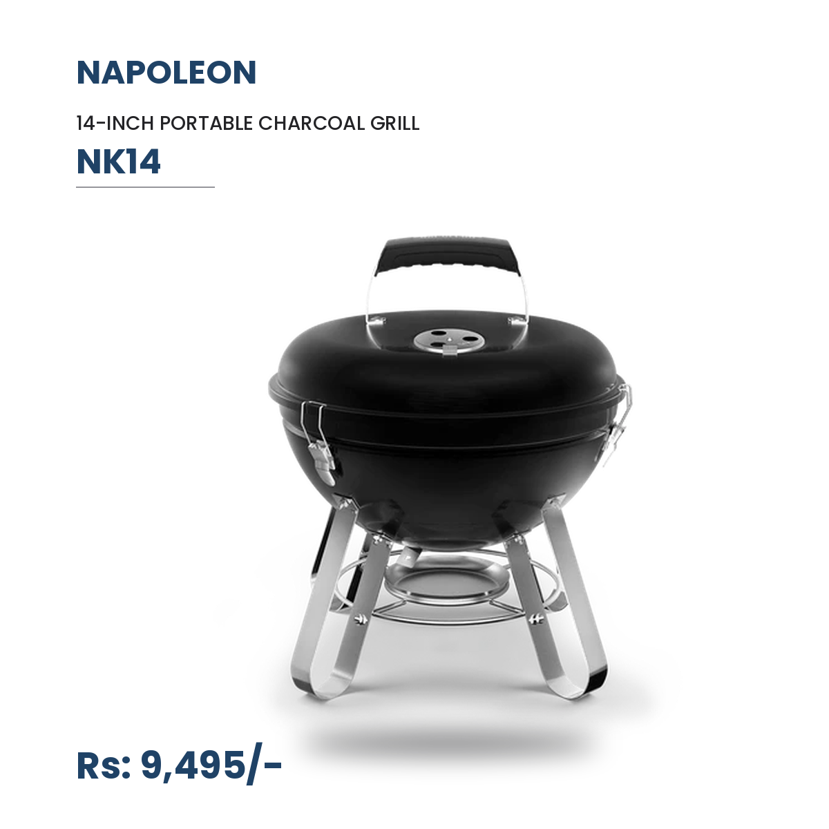 Napoleon NK14 Portable Charcoal Grill (34 cm / 14") – Black with Legs | Compact BBQ for Camping & Picnics
