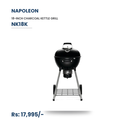 Napoleon NK18K Charcoal Kettle Grill | 18-Inch | Compact | Vortex Heat System | Stainless Steel Hinged Grids | ACCUPROBE Gauge | For 2-4 People | Black