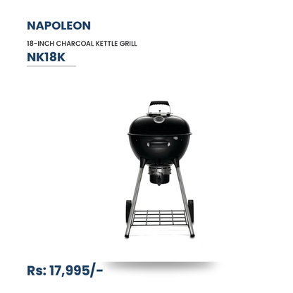 Napoleon NK18K Charcoal Kettle Grill | 18-Inch | Compact | Vortex Heat System | Stainless Steel Hinged Grids | ACCUPROBE Gauge | For 2-4 People | Black